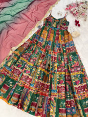Multi Design With Maroon Color Digital Printed Organza Gown
