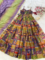 Multi Design With Maroon Color Digital Printed Organza Gown