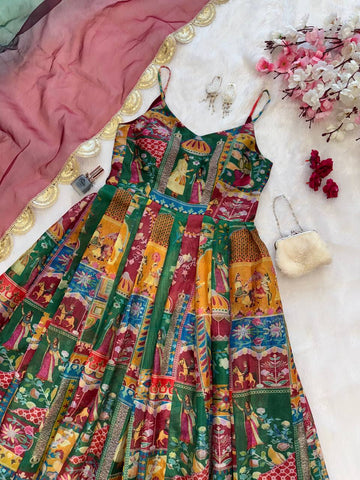 Multi Design With Maroon Color Digital Printed Organza Gown
