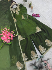 Glorious Green Color Embroidery Work Sharara Suit