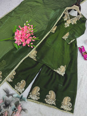 Glorious Green Color Embroidery Work Sharara Suit