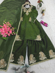 Glorious Green Color Embroidery Work Sharara Suit