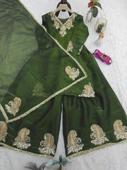 Glorious Green Color Embroidery Work Sharara Suit