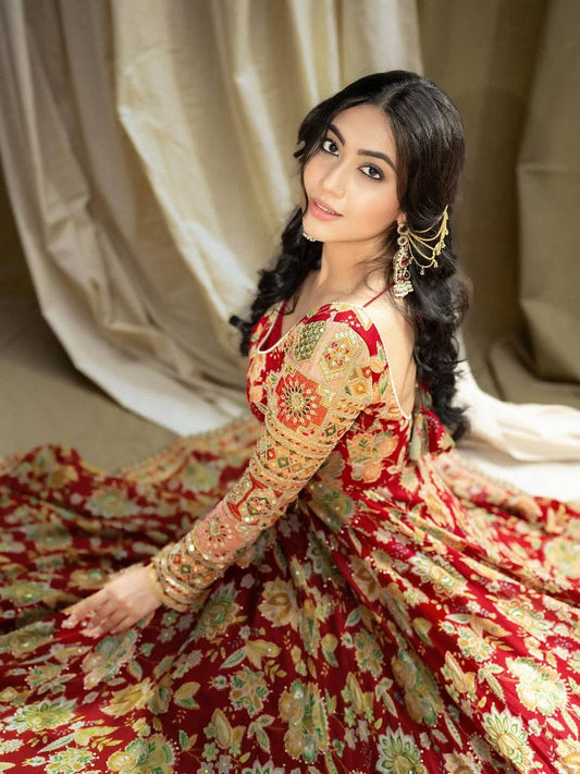 Gorgeous Red Color Embroidery With Sequins Work Gown
