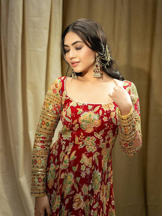Gorgeous Red Color Embroidery With Sequins Work Gown