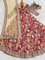 Gorgeous Red Color Embroidery With Sequins Work Gown