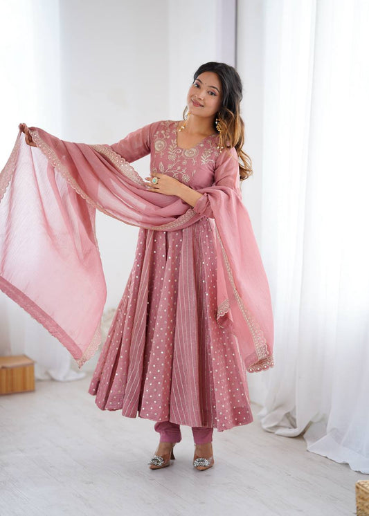 Wonderful Peach Color Crunchy Silk Sequence Work Anarkali Gown