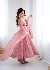 Wonderful Peach Color Crunchy Silk Sequence Work Anarkali Gown