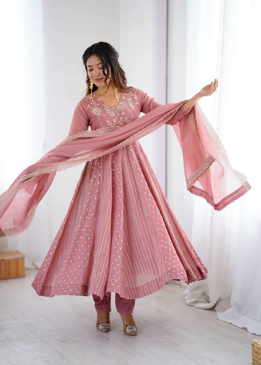Wonderful Peach Color Crunchy Silk Sequence Work Anarkali Gown