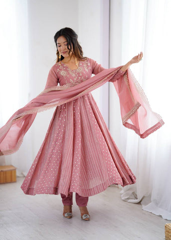 Wonderful Peach Color Crunchy Silk Sequence Work Anarkali Gown