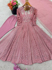 Wonderful Peach Color Crunchy Silk Sequence Work Anarkali Gown