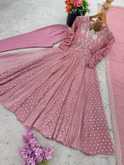 Wonderful Peach Color Crunchy Silk Sequence Work Anarkali Gown