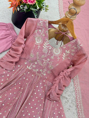 Wonderful Peach Color Crunchy Silk Sequence Work Anarkali Gown