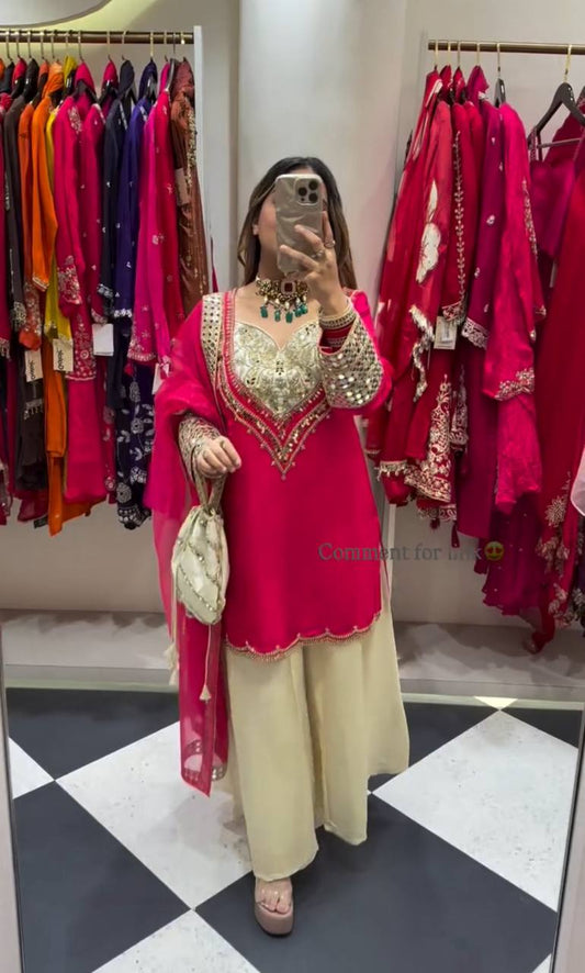 Stylish Pink Crepe Mirror Work Palazzo Suit