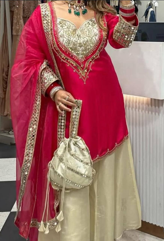 Stylish Pink Crepe Mirror Work Palazzo Suit