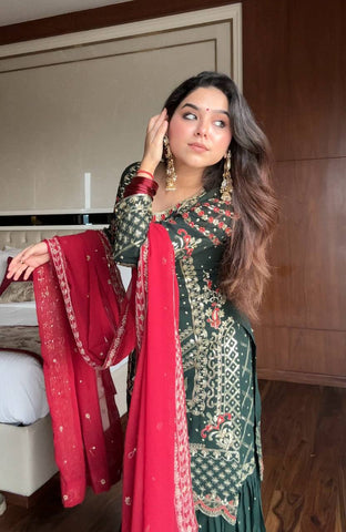 Designer Green Sequence Work Georgette Sharara Suit