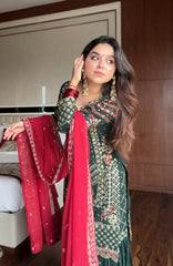 Designer Green Sequence Work Georgette Sharara Suit