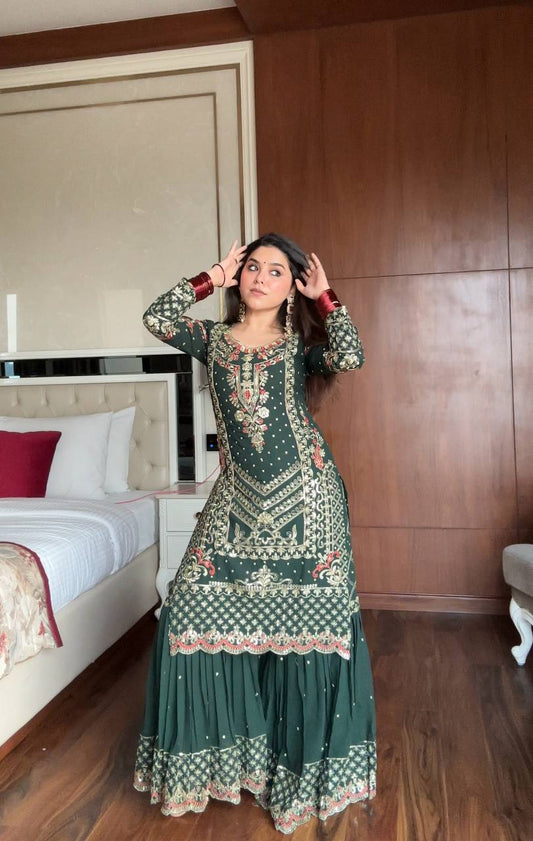 Designer Green Georgette Sequence Work Sharara Suit