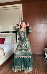 Designer Green Sequence Work Georgette Sharara Suit