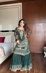 Designer Green Sequence Work Georgette Sharara Suit