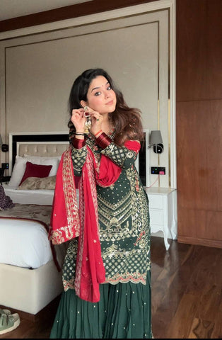 Designer Green Sequence Work Georgette Sharara Suit
