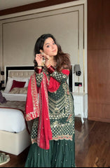 Designer Green Sequence Work Georgette Sharara Suit