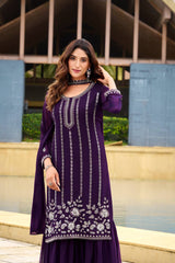 Trendy Purple Embroidery Work Georgette Sharara Suit