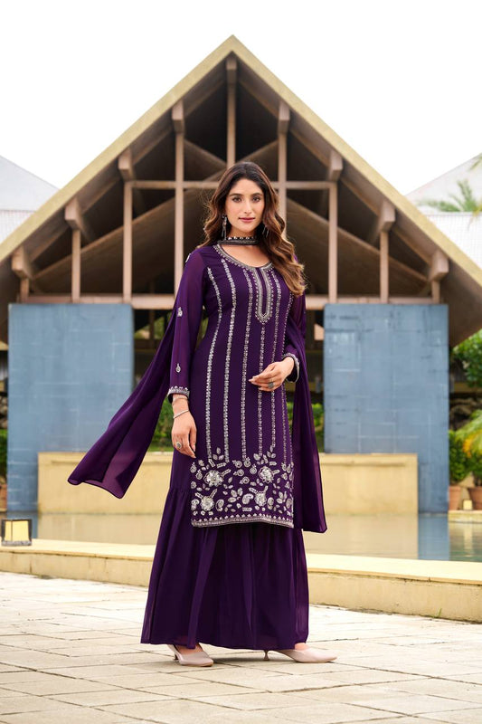 Trendy Purple Embroidery Work Georgette Sharara Suit
