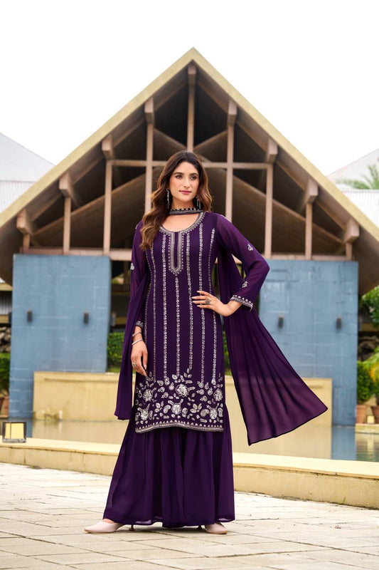 Trendy Purple Embroidery Work Georgette Sharara Suit