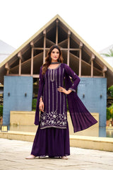 Trendy Purple Embroidery Work Georgette Sharara Suit