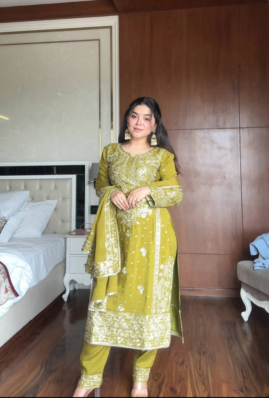 Glorious Mehndi Color Sequence Work Sharara Suit