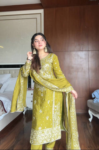 Glorious Mehndi Color Sequence Work Sharara Suit