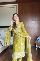 Glorious Mehndi Color Sequence Work Sharara Suit