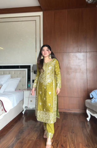 Glorious Mehndi Color Sequence Work Sharara Suit