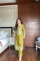 Glorious Mehndi Color Sequence Work Sharara Suit