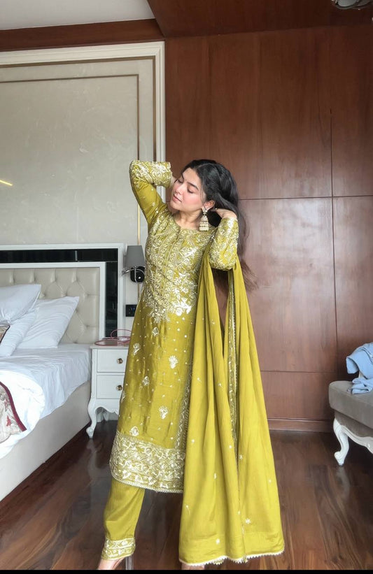 Glorious Mehndi Color Sequence Work Sharara Suit