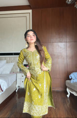 Glorious Mehndi Color Sequence Work Sharara Suit