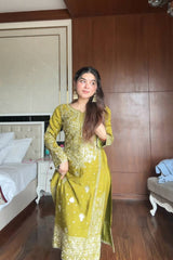 Glorious Mehndi Color Sequence Work Sharara Suit