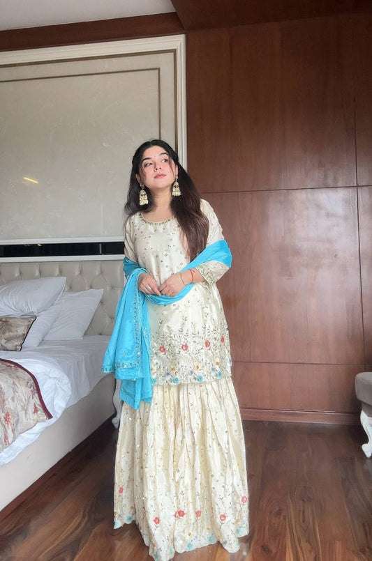 Lovely Off White Color Sequence Work Sharara Suit