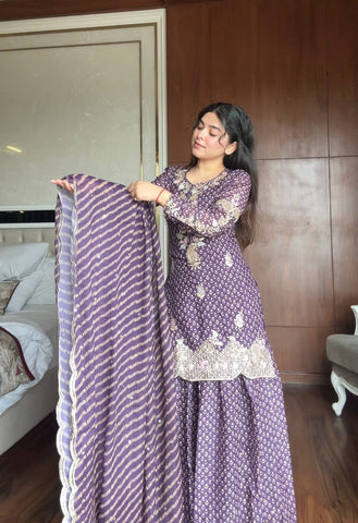 Ravishing Purple Color Embroidery Work Sharara Suit