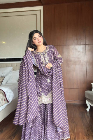 Ravishing Purple Color Embroidery Work Sharara Suit
