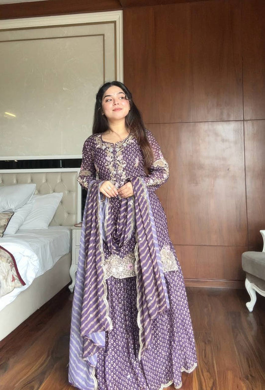 Ravishing Purple Color Embroidery Work Sharara Suit