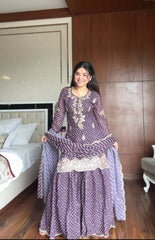 Ravishing Purple Color Embroidery Work Sharara Suit