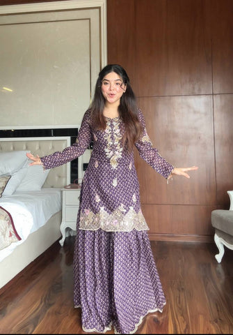 Ravishing Purple Color Embroidery Work Sharara Suit