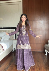 Ravishing Purple Color Embroidery Work Sharara Suit