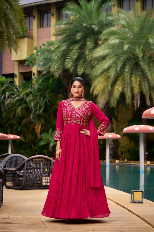 Designer Red Color Embroidery Work Gown