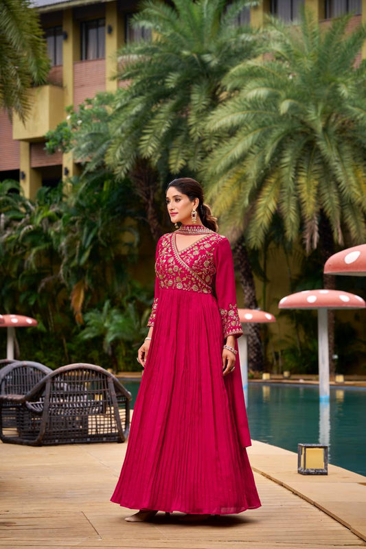 Designer Red Color Embroidery Work Gown