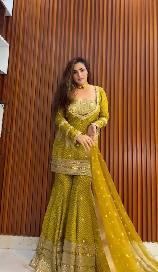 Alluring Mustard Color Sequence Work Sharara Suit