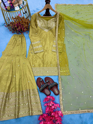 Alluring Mustard Color Sequence Work Sharara Suit