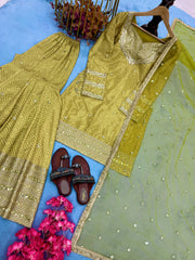 Alluring Mustard Color Sequence Work Sharara Suit